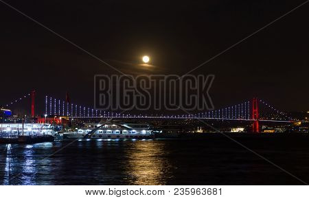 Super Blue Blood Moon Over Bosphorus Strait, Istanbul City, Turkey