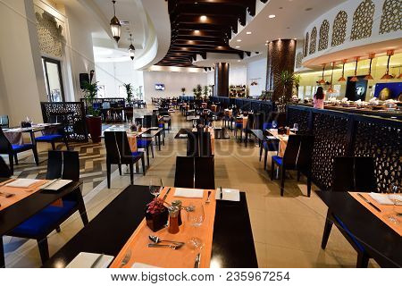 Ajman, Uae - April 8. 2018. Restaurant At The Resort Bahi Palace