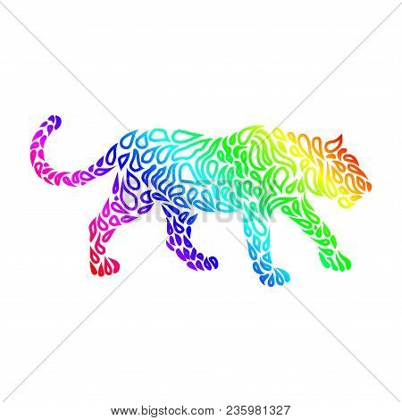 Silhouette Of A Panther In A Tattoo Style. Rainbow Colors In White Background. Creative Colourful Wi