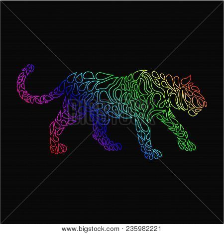 Silhouette Of A Panther In A Tattoo Style. Rainbow Colors In Black Background. Creative Colourful Wi
