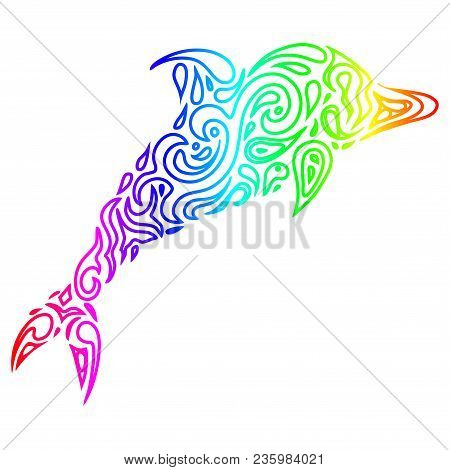 Silhouette Of A Dolphin In A Tattoo Style. Rainbow Colors In White Background. Creative Colourful Do