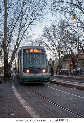 Rome, Italy - March 19, 2018: Modern Tram Near The Biopark In The City Of Rome
