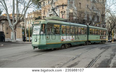 Rome, Italy - March 19, 2018: Old Tram Near The Biopark In The City Of Rome