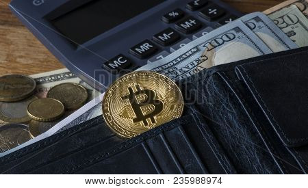 Golden Bitcoin In Black Leather Wallet, Crypto Currency