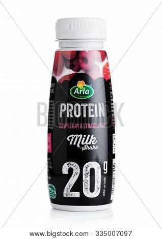 London, Uk - November 17, 2019: Plastic Bottle Of Arla Protein Milk Shake With Raspberry And Strawbe