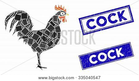 Mosaic Cock Icon And Rectangular Seal Stamps. Flat Vector Cock Mosaic Icon Of Scattered Rotated Rect
