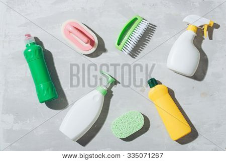 House Cleaning Products On Wooden Table. Salt Pelets, Baking Soda (sodium Bicarbonate), Detergent, S