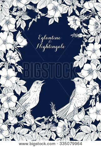 Dog-rose, Briar, Brier, Eglantine Canker-rose And Nightingale. Template For Wedding Invitation, Gree