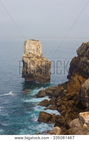 Papoa Cliffs And Sea In Peniche. Portugal