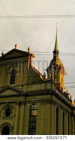 Church Of The Holy Spirit In Bern, Switzerland In Sunset Lights