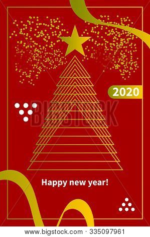 Minimal Poster With Chrictmas Tree, Vector Hipster Red Xmas Banner