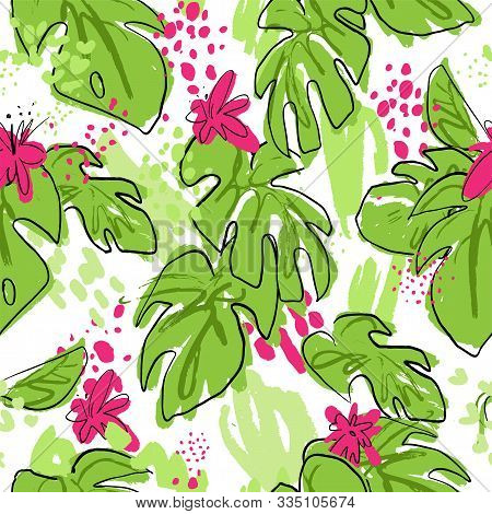 Tropical Hand Draw Seamless Pattern With Monstera Leaves, Parrots - Toucans, Pink Tropic Flowers, Mi