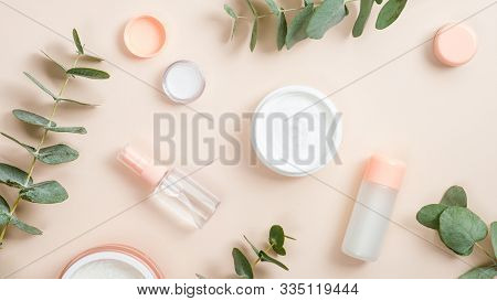 Flat Lay Composition With Natural Organic Cosmetic Products On Beige Background. Top View Hand Cream