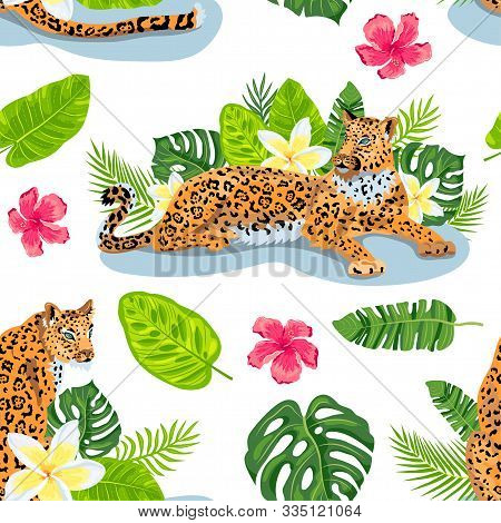 Leopards With Jungle Leaves, Tropical Flowers Seamless Pattern. Vector Illustration.