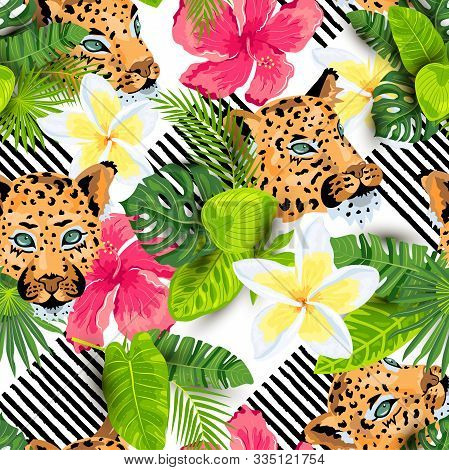 Leopard Faces With Jungle Leaves, Tropical Flowers Seamless Pattern. Vector Illustration.