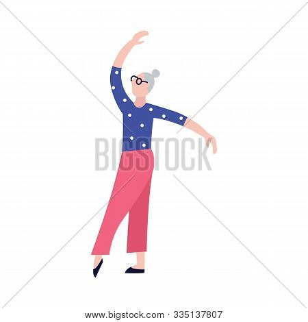 Active Elderly Woman Or Senior Lady Dancing, Flat Vector Illustration Isolated.