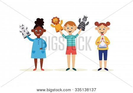Children With Hands Puppets Cartoon Characters Flat Vector Illustration Isolated.