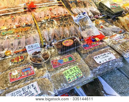 Sokcho, South Korea - October 29, 2019: Stall With Dried Fish And Seafood At Taepo Fish Market In So