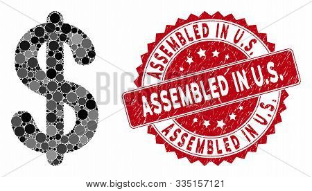 Mosaic Dollar And Rubber Stamp Seal With Assembled In U.s. Text. Mosaic Vector Is Designed From Doll