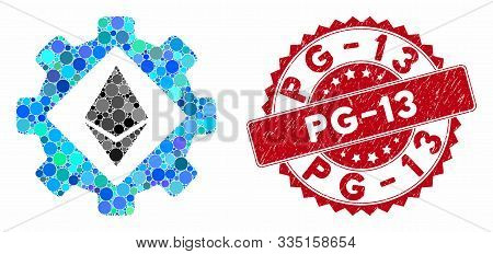 Mosaic Ethereum Options Gear And Rubber Stamp Seal With Pg-13 Text. Mosaic Vector Is Composed From E