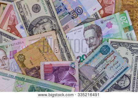Multicurrency Background Of Us Dollars, Russian Rubles, Belarusian Rubles, Egyptian Pounds And Ukrai