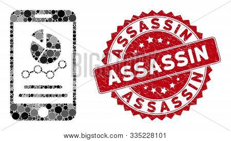 Mosaic Mobile Graphs And Corroded Stamp Watermark With Assassin Caption. Mosaic Vector Is Formed Wit