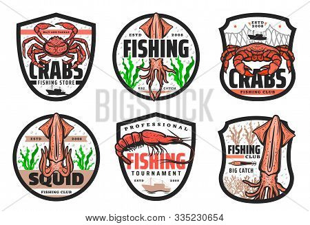 Fishing Club, Seafood Catch Tournament And Fishery Store Icons. Vector Fisher Equipment Tackles, Rod