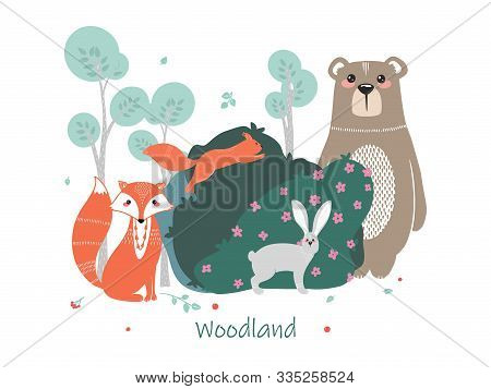 Cute Animals On The Background Of The Forest, Trees, Plants. Bear, Fox, Squirrel, Hare. Forest Anima