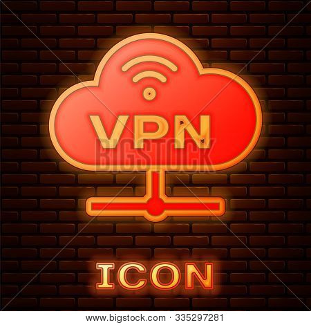 Glowing Neon Vpn Network Cloud Connection Icon Isolated On Brick Wall Background. Social Technology.