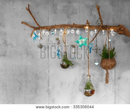 Decorative Wooden Branch With Fir Branches And Hanging Teal Christmas Baubles, Silver Lights Like Sn