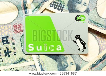 Bangkok, Thailand - Nov 15, 2019  : Suica Card On Japanese 1000 Yen Banknote Background