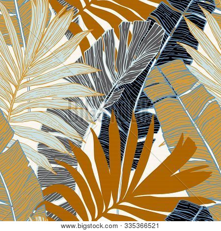 Hand Drawn Abstract Tropical Summer Background : Palm Tree And Banana Leaves In Silhouette, Line Art
