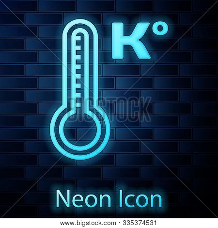 Glowing Neon Meteorology Thermometer Measuring Heat And Cold Icon Isolated On Brick Wall Background.
