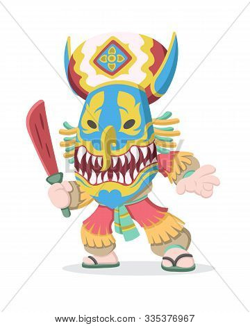 Cute Cartoon Style Of A Man Wearing Thai Cultural Phi Ta Khon Mask Holding Wooden Red Sword Illustra