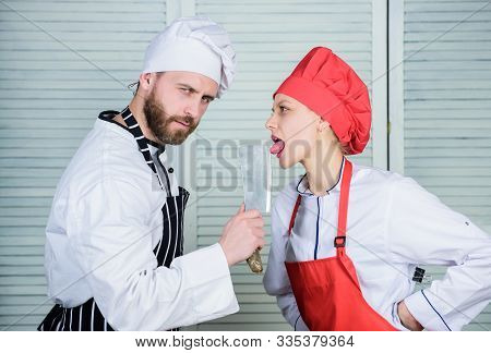Cooking Is Sexy. Sharp Knife Professional Tool. Man Use Sharp Cleaver Knife. Couple Playful With Dan