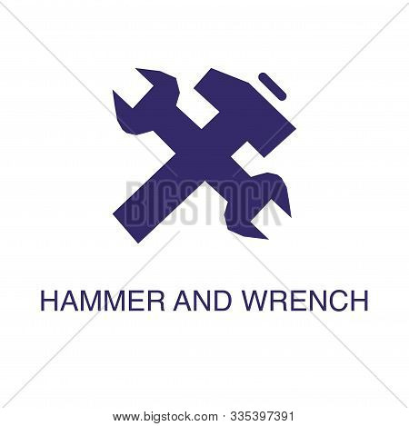 Hammer And Wrench Element In Flat Simple Style On White Background. Hammer And Wrench Icon, With Tex