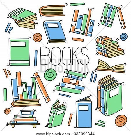 Different Books And Magazines Vector Concept In Doodle And Sketch Style, Library Bookshelfs, Booksto