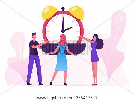 Group Of Businesspeople Put Huge Alarm Clock On Scalepan. Time Is Money, Valuable Life Resource Conc