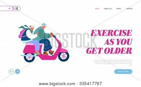 Seniors Driving Scooter Website Landing Page. Adorable Couple Of Seniors Riding Motorbike, Pensioner