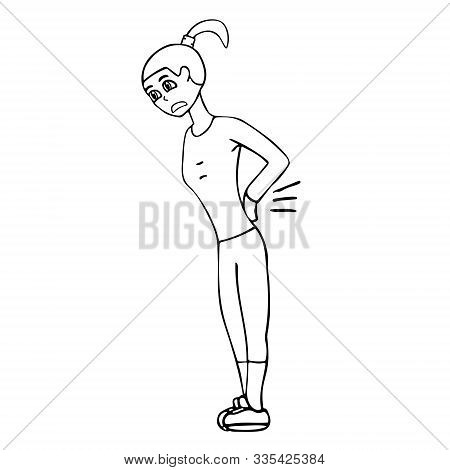 Cartoon Young White Woman With A Sore Back In A Tracksuit. White Background Isolated Outline Stock V