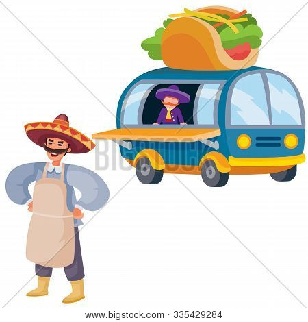 Set Of Taco Seller And Fast Food Truck, Isolated Object On A White Background,