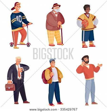 Set Of Men Standing On Isolated Lenses On A White Background With A Cane, Sword, Phone, Watch, Backp