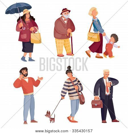 People Stand Isolated Objects On A White Background, With Umbrella, Cane, Clock, Telephone, Child, D