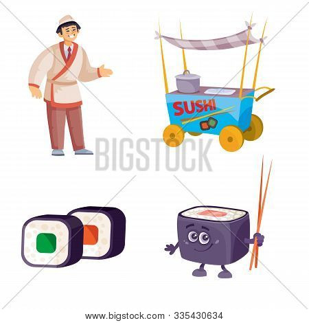Set Of Seller, Sushi, Character, Street Cart On A White Background Isolated Object,