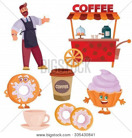 Set Of Seller, Coffee, Glass, Cup, Donut, Muffin, Street Cart, Fast Food, Isolated Object On A White