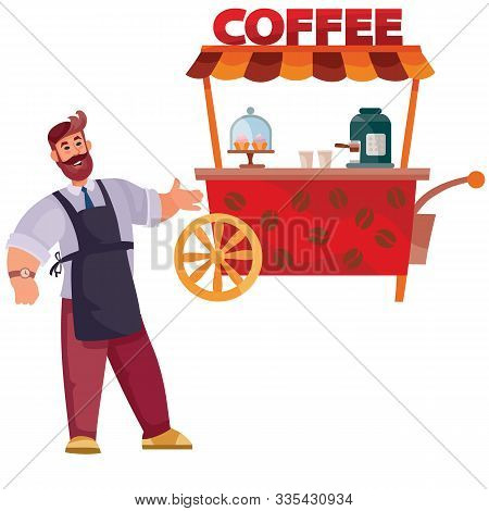 Set Of Coffee Seller And Street Cart, Fast Food, Isolated Object On A White Background,