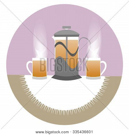 Tea Time: The Teapot And Two Cups With Hot Tea On The Table. Two Glass Cups Of Hot Tea And The Frenc
