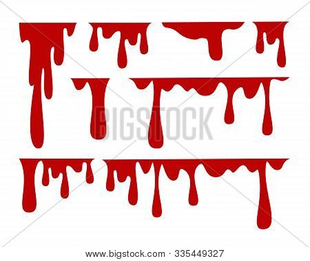 Red Liquid Drip On The Wall Vetor Isolated. Blob And Drop