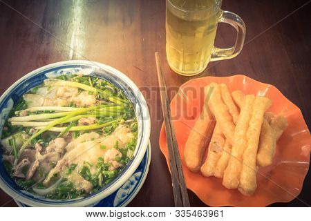 Vietnamese Breakfast Set With Rice Noodle, Youtiao And Iced Tea