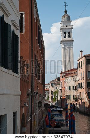 Venice, Italy: Traditional Buildings, Canal Rio Dei Greci, District Castello, Tower Of Church San Gi
